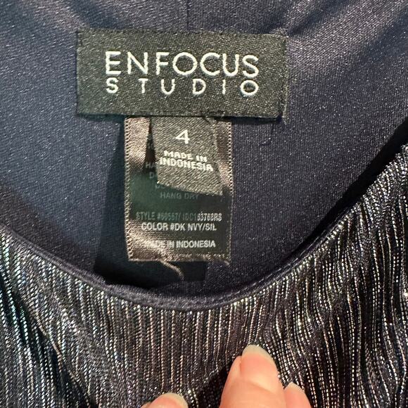 Enfocus Studio Size 4 Navy Silver Tier Ruffle Dress Comfy Dressy Event Stretchy - Picture 3 of 6